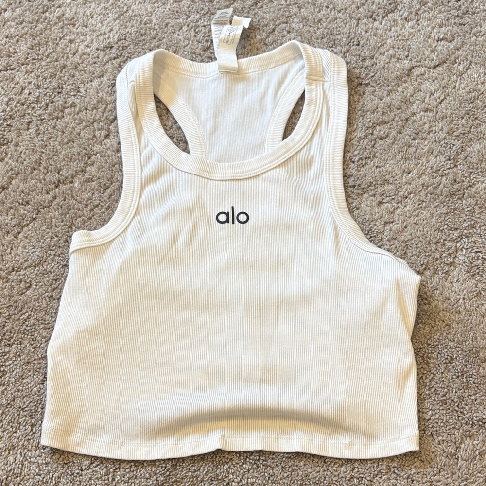 ALO Yoga White Ribbed Racerback Crop Tank